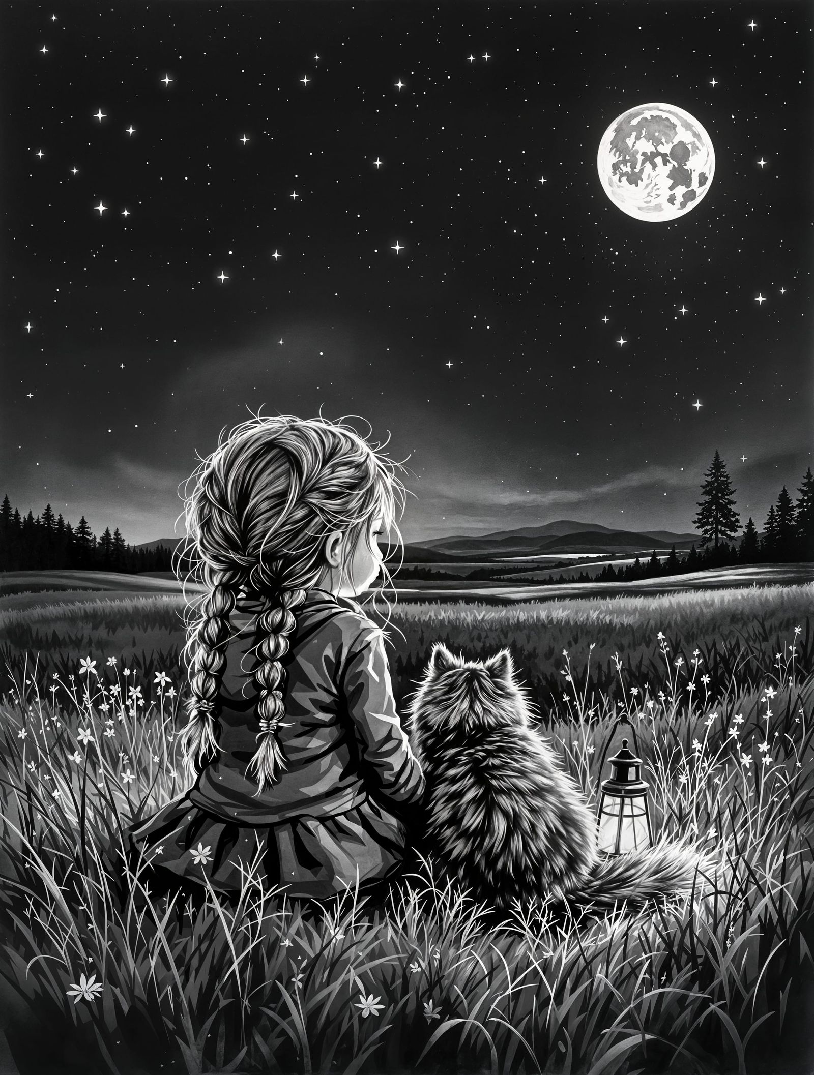 Norwegian Girl and Cat Stargaze Under the Midnight Sky