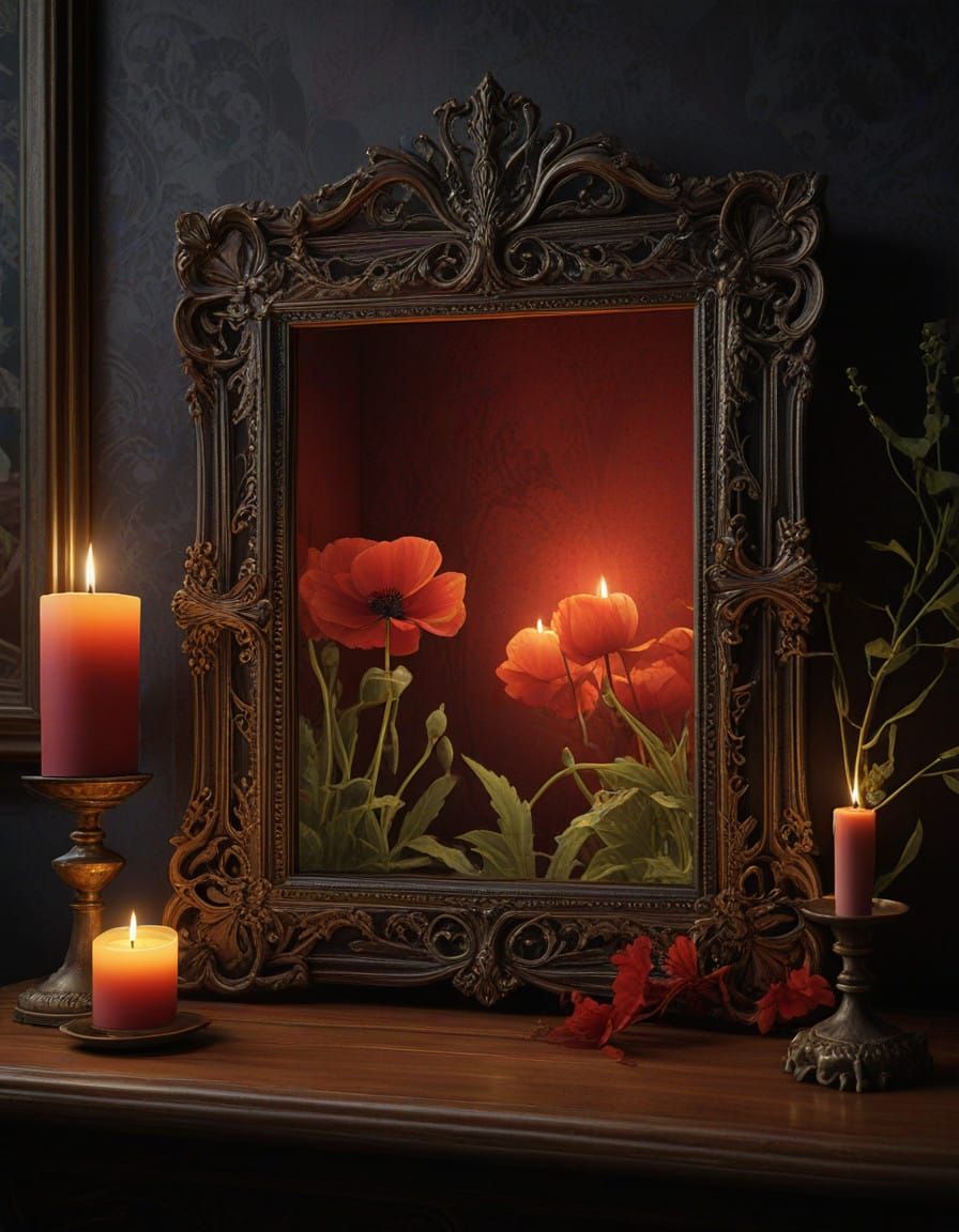 Gothic Picture Frame Transformed by Red Poppy Vines in Warm...