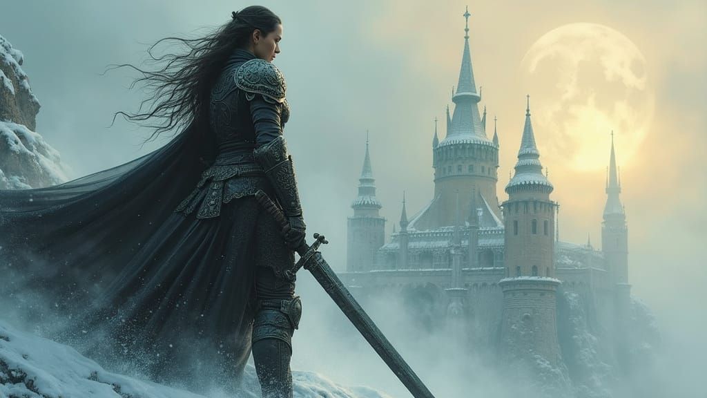 Female Swordsman in Dark Gothic Armor on Battlement