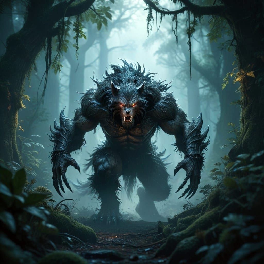 Eerie Werewolf Running Through Mystical Forest