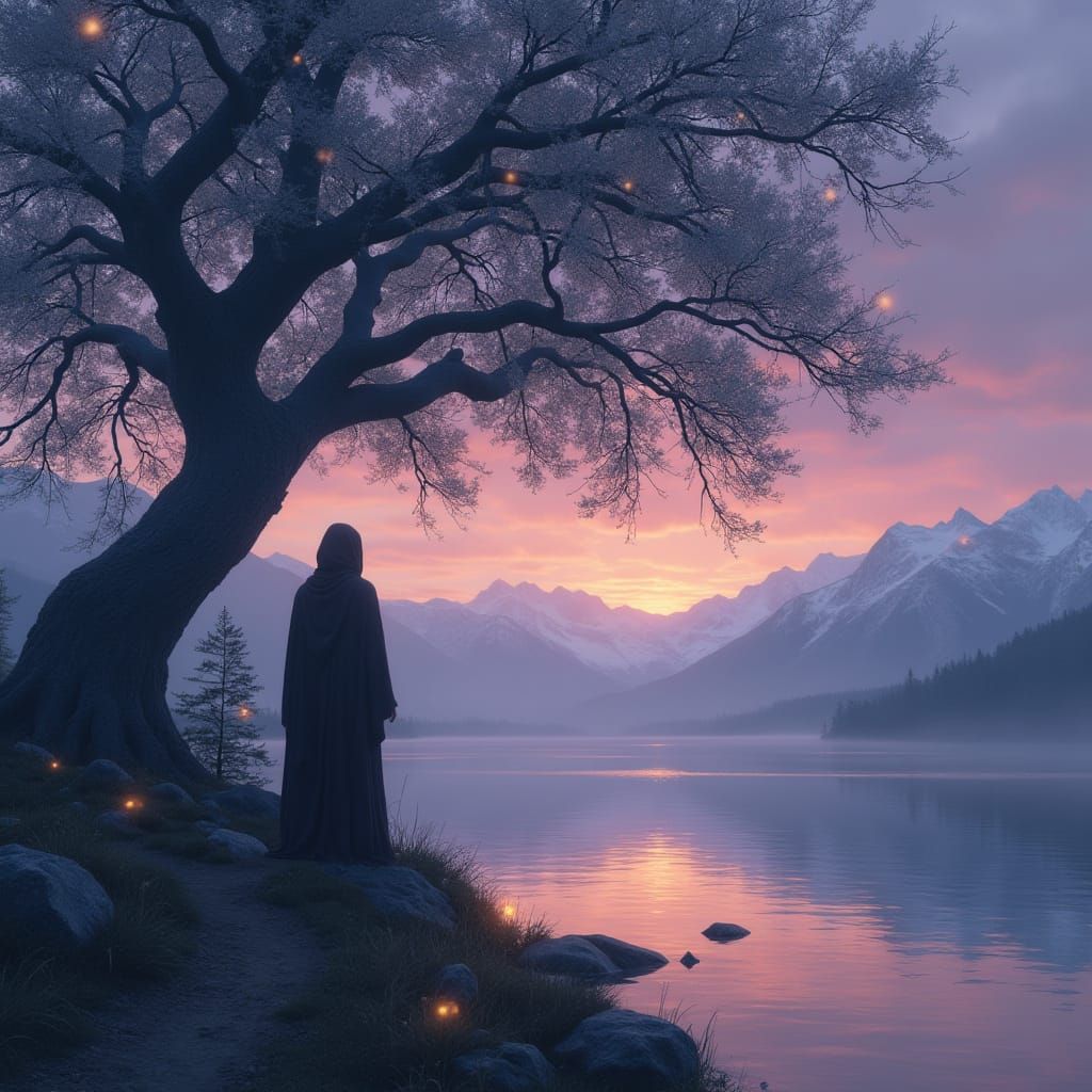 Twilight Lake Scene with Ancient Tree