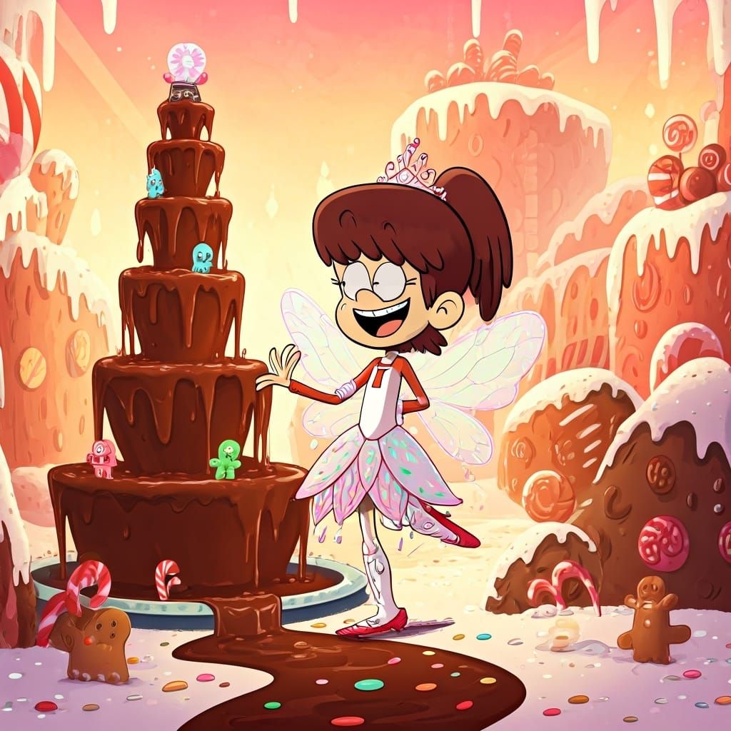 Imagine Lynn Loud from The Loud House as a candy fountain fairy, dancing around a chocolate fountain that dispenses rive...
