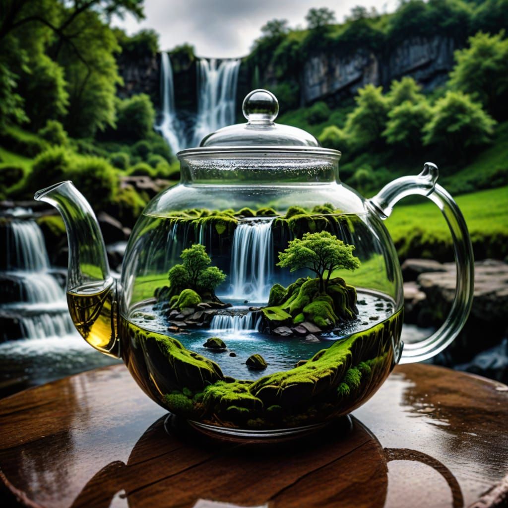 Hyperrealistic Glass Teapot Landscape with Waterfall