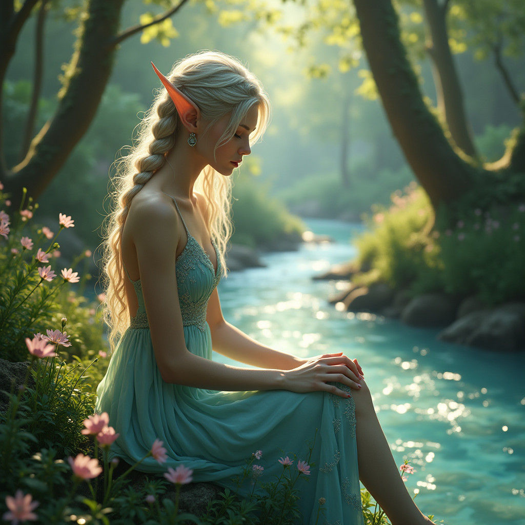 Blond Elf Lost in Thought in Enchanted Forest