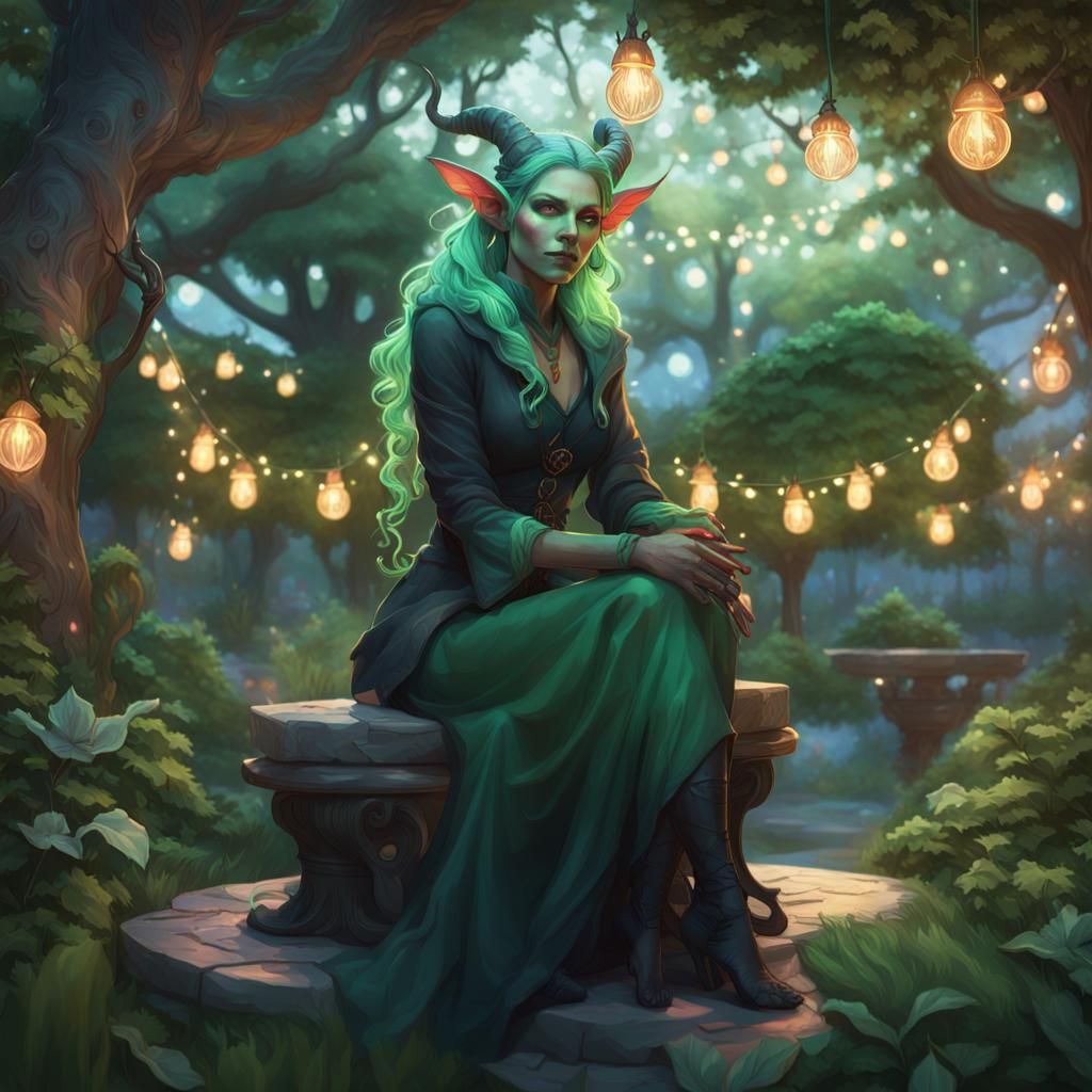 Tiefling Witch Portrait with Fairy Lights, Art Nouveau Style