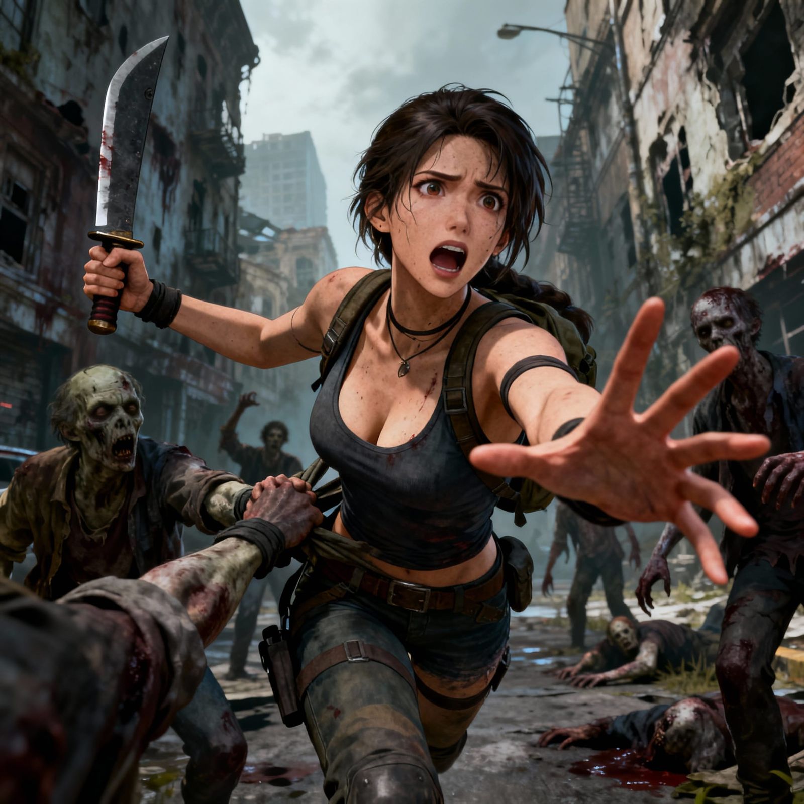 Badass Woman Battling Zombies in Decayed City