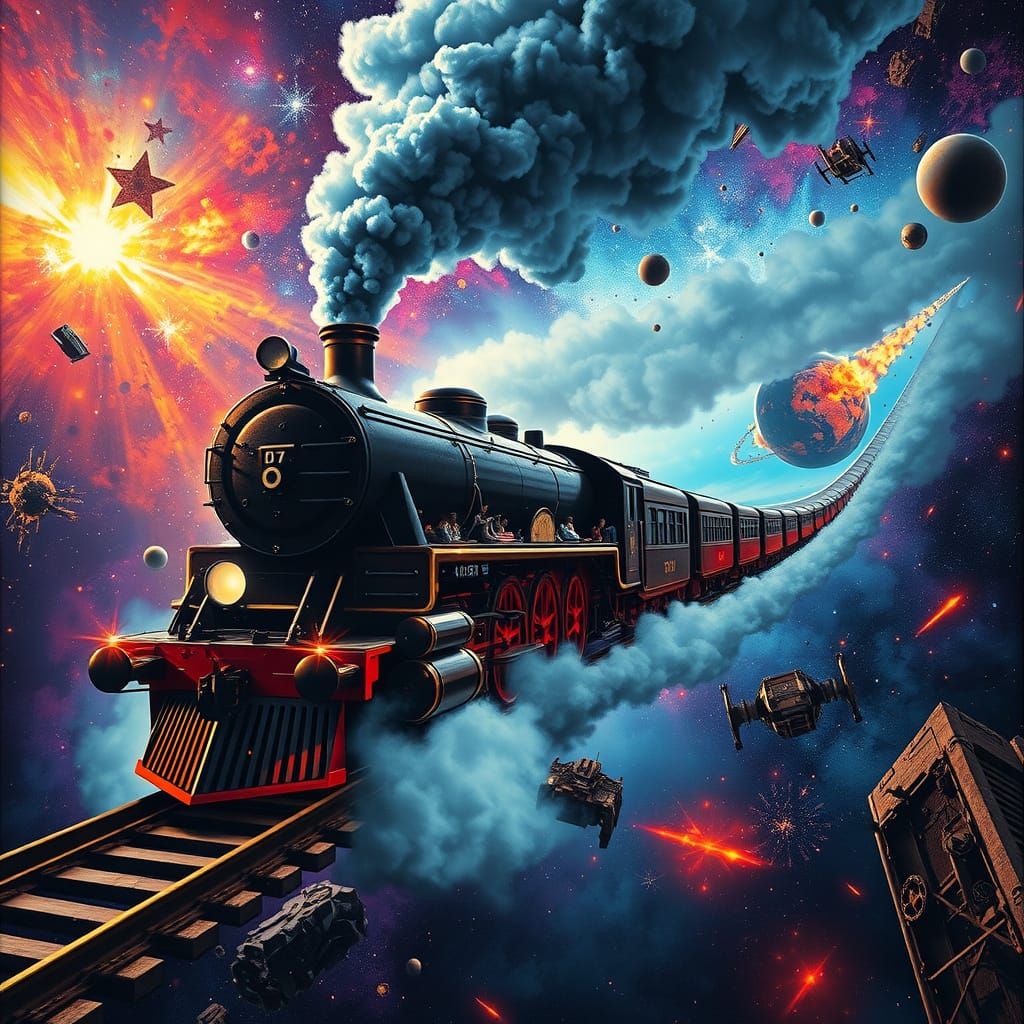 Colossal Steam Train City Travels Nebula in Meteor Shower