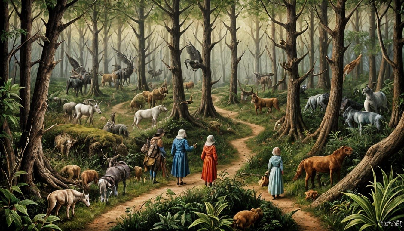 Surreal Encounter in Bosch-Inspired Forest