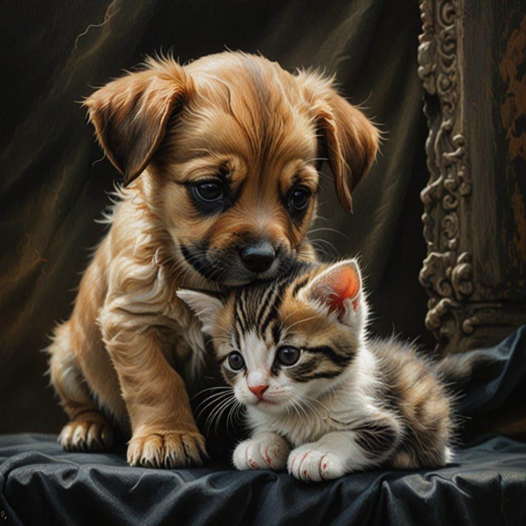 Puppy and Kitten: Neoclassical Impressionist Renaissance Pai...