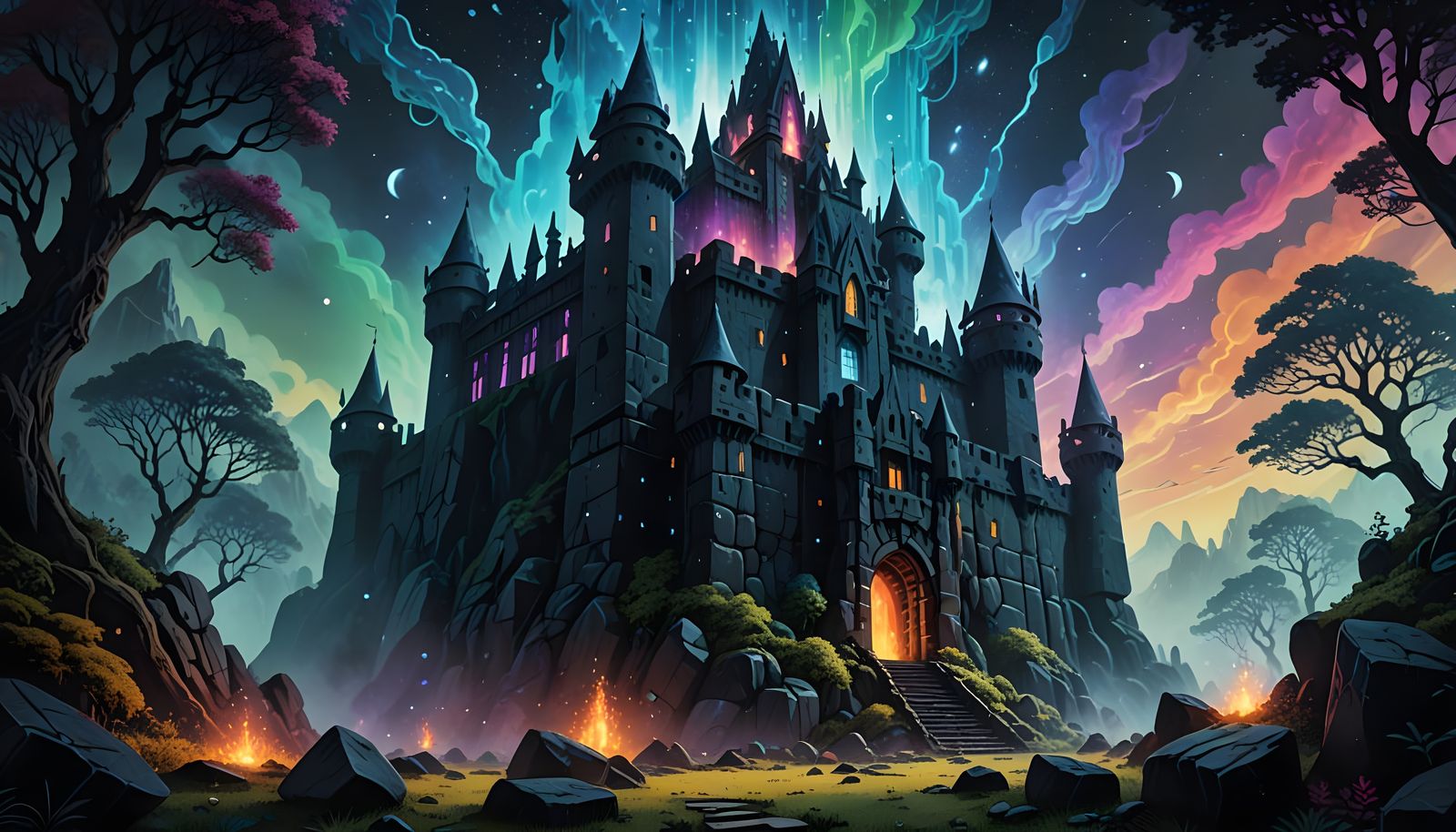 Obsidian Castle in Mystical Forest, Cosmic Illustration