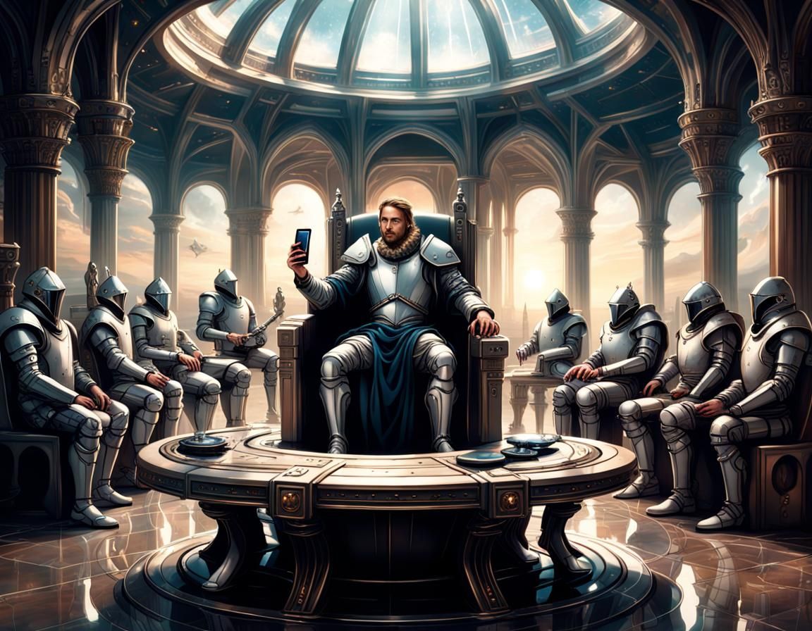 King Arthur talking on a cellphone sitting around a round  with his knights