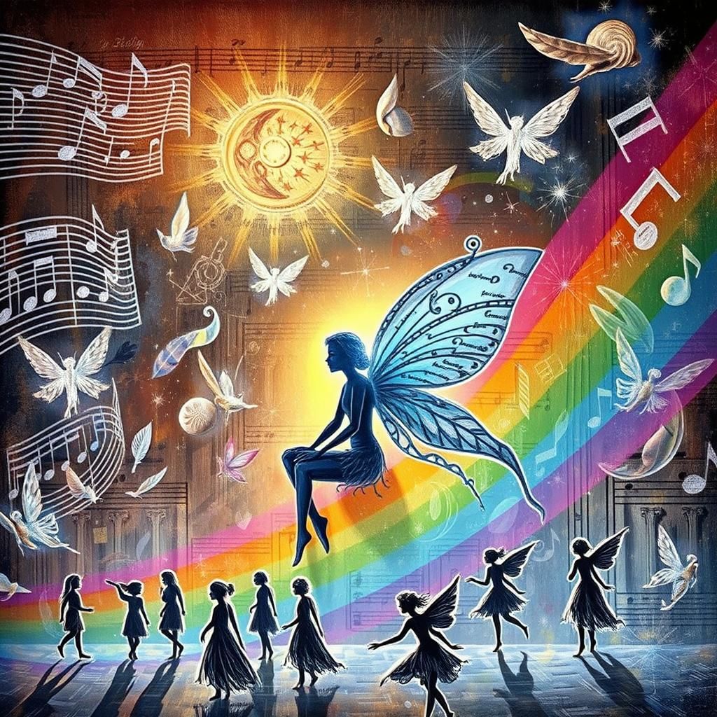 Whimsical Fairies Dance Across Musical Sheet Music