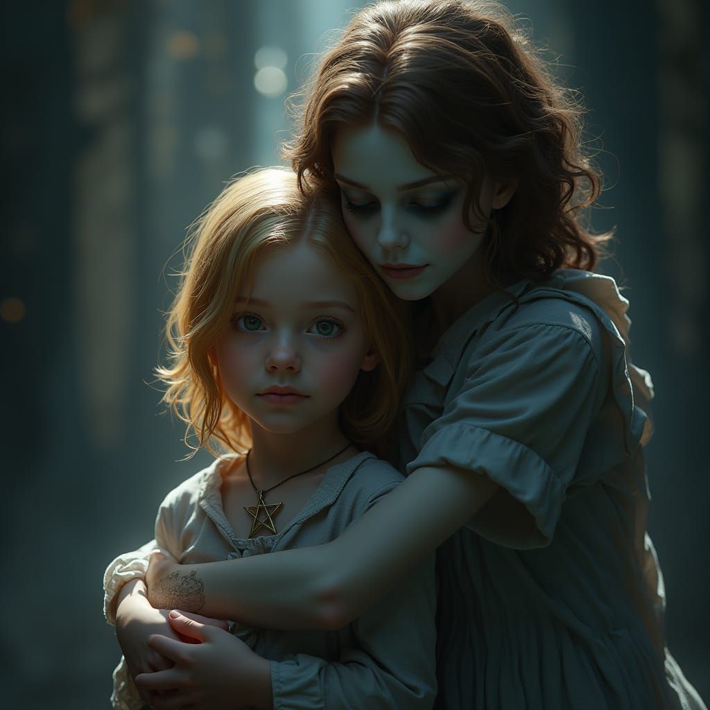 Ghostly Embrace: Spectral Girl Comforts Young Child