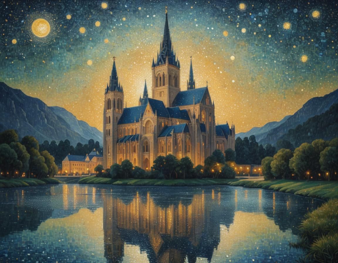 Cathedral Palace Reflected in Starry Lake, Neo-Pointillism