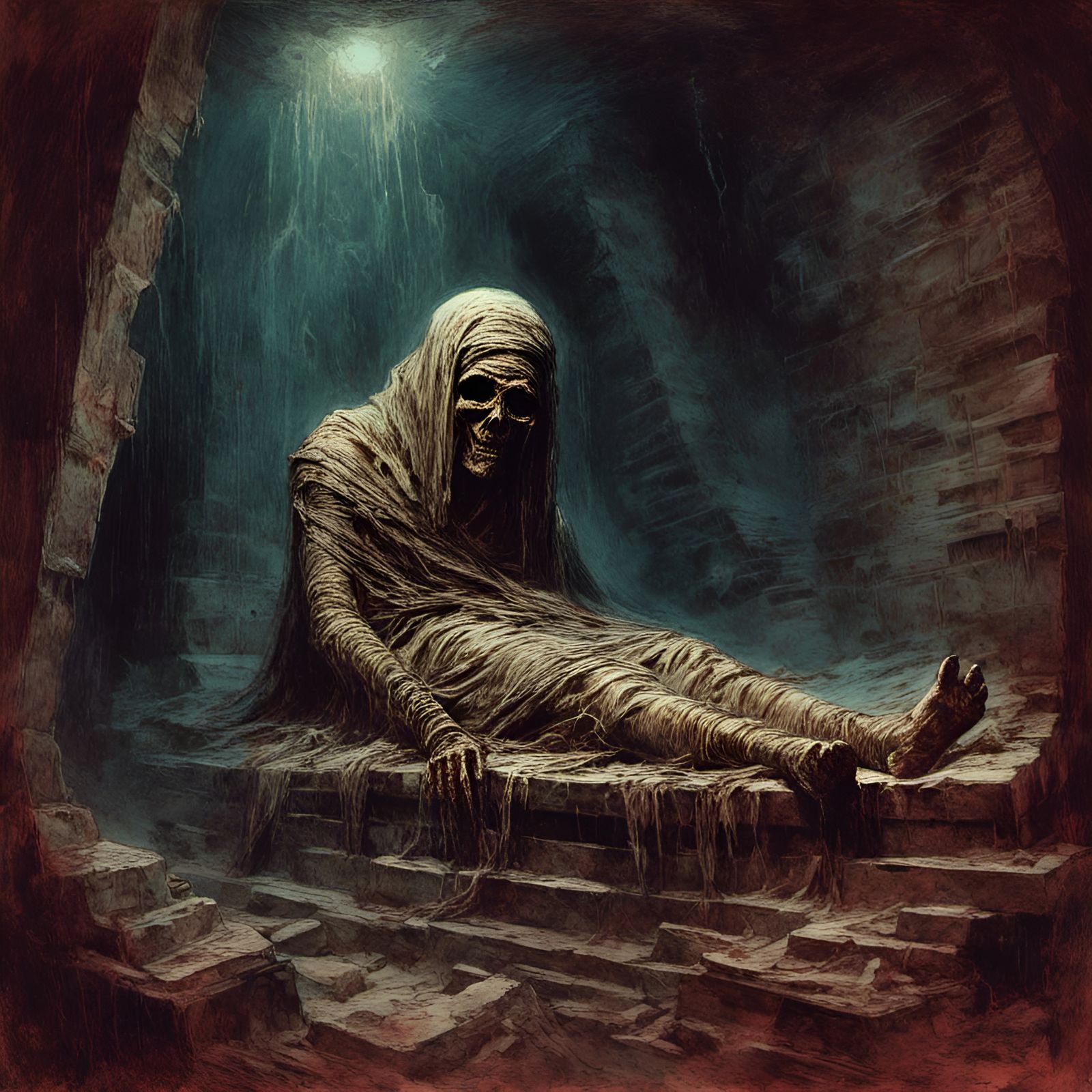 Creepy Mummy in Dark Pyramid Sarcophagus