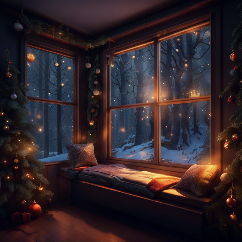 Christmas Forest View from Cozy Window Seat