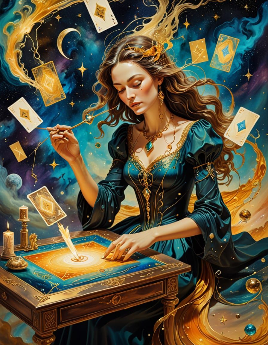 Witch Draws Tarot Cards in Space as Surreal Painting