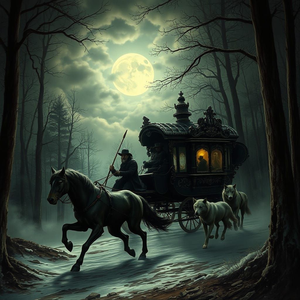 Majestic Horse-Drawn Coach Rides Under Moonlit Forest Sky