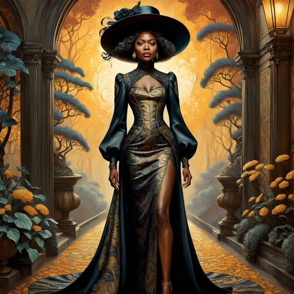 Elegant Black Woman in Brocade Dress, Art Nouveau Style