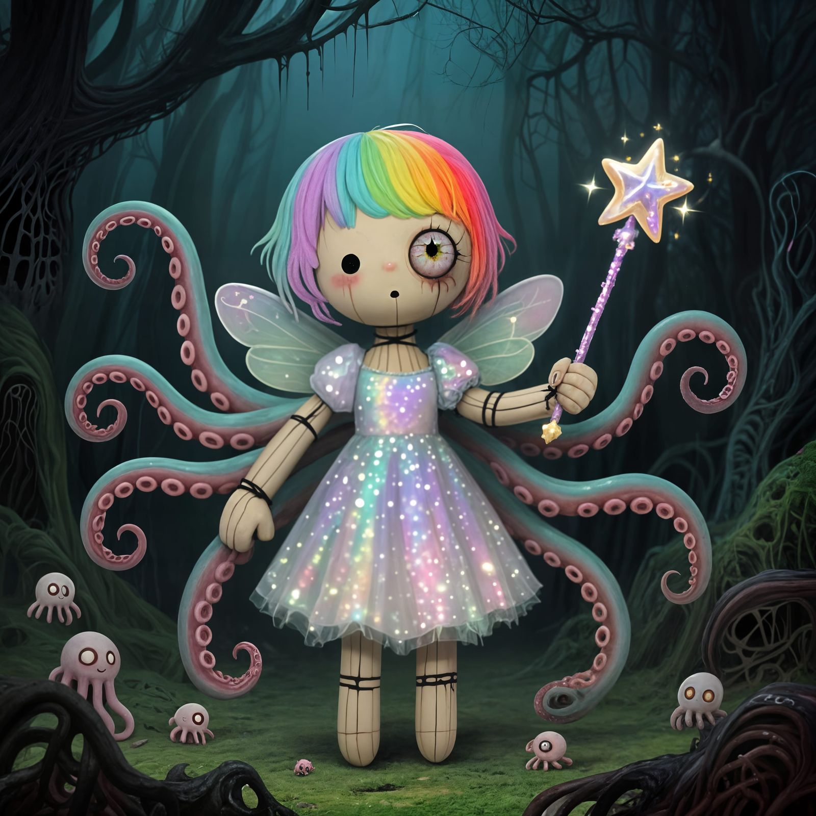 Kawaii Horror Fairy with Tentacles in Enchanted Forest