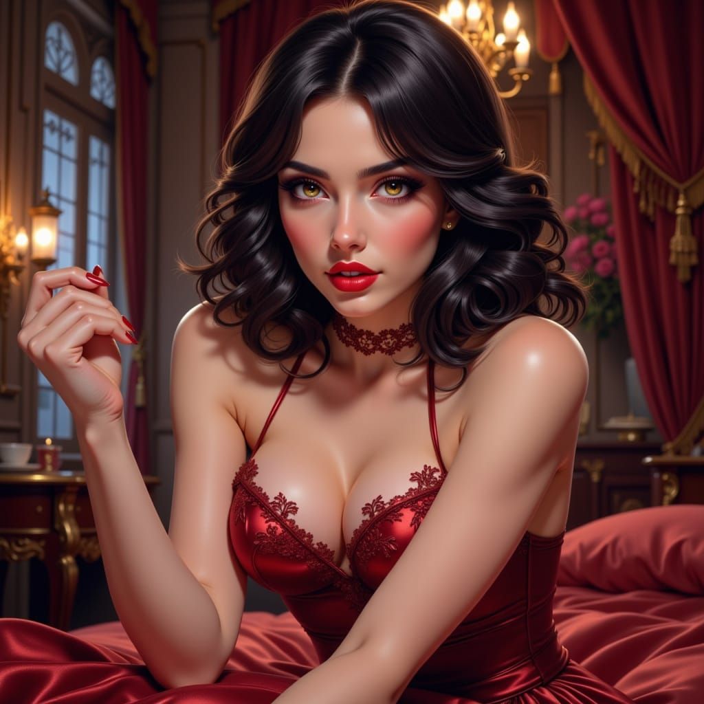 Elegant Anime Woman in Silk Nightgown