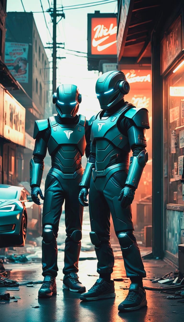 Tesla Bots at Dilapidated Smokeshop in Modern Art Style