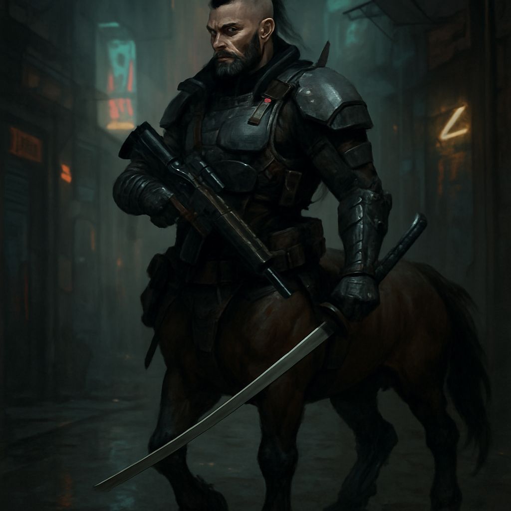 Cyberpunk Centaur Street Samurai in Shadowrun Style