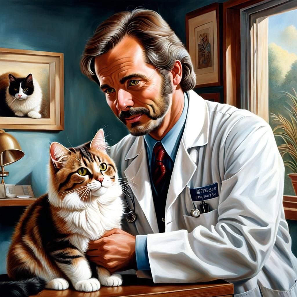 1970s Veterinarian Petting Cat in Hyperrealistic Painting