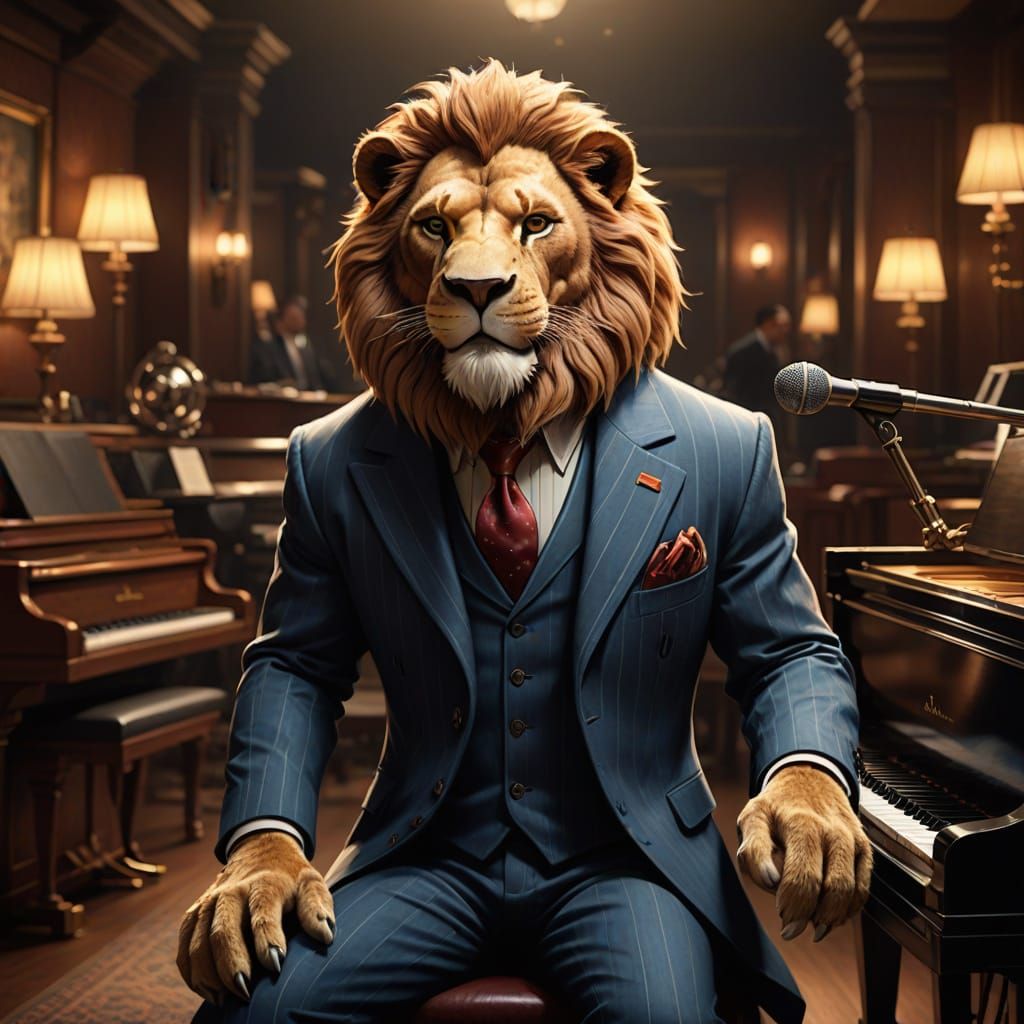 Sultry Jazz Lion Performs on Grand Piano in Smoky Club