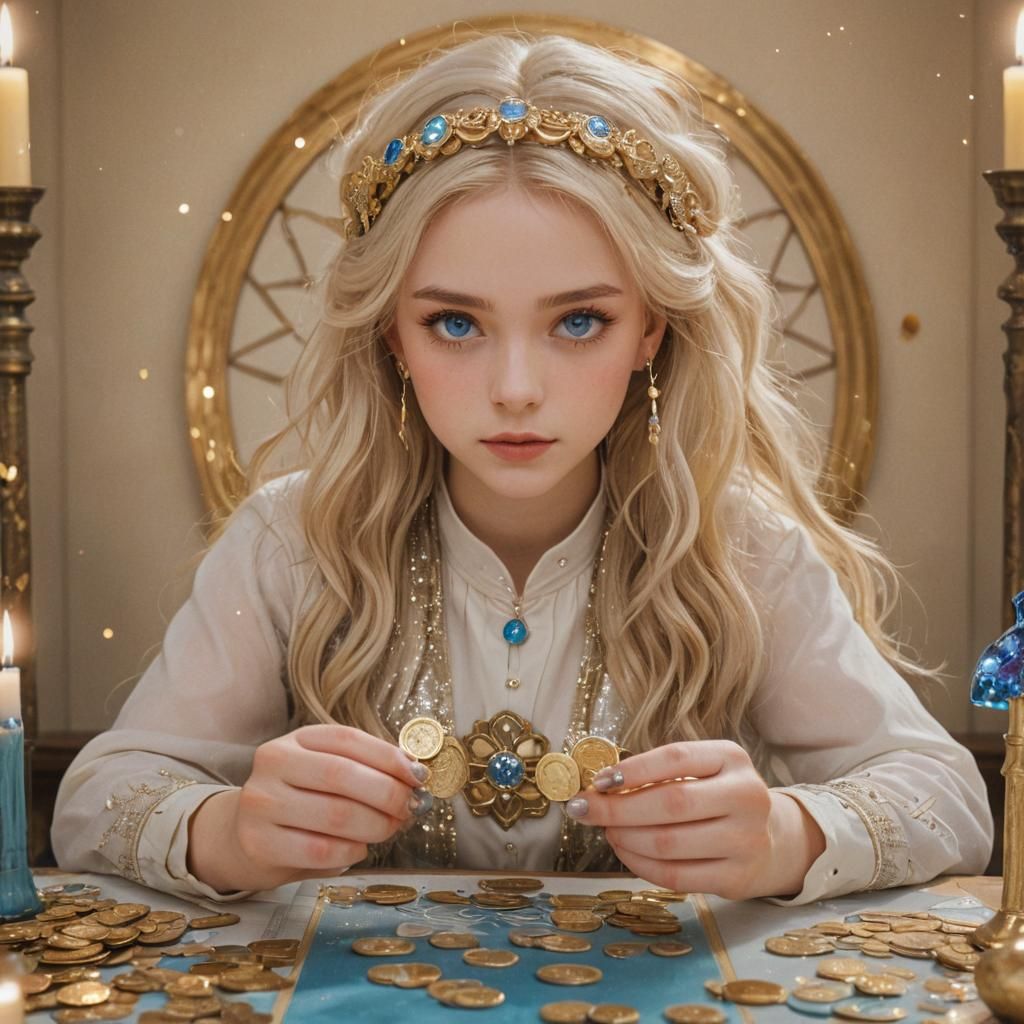 Anime Tarot Reader with Golden Coins and Sparkles
