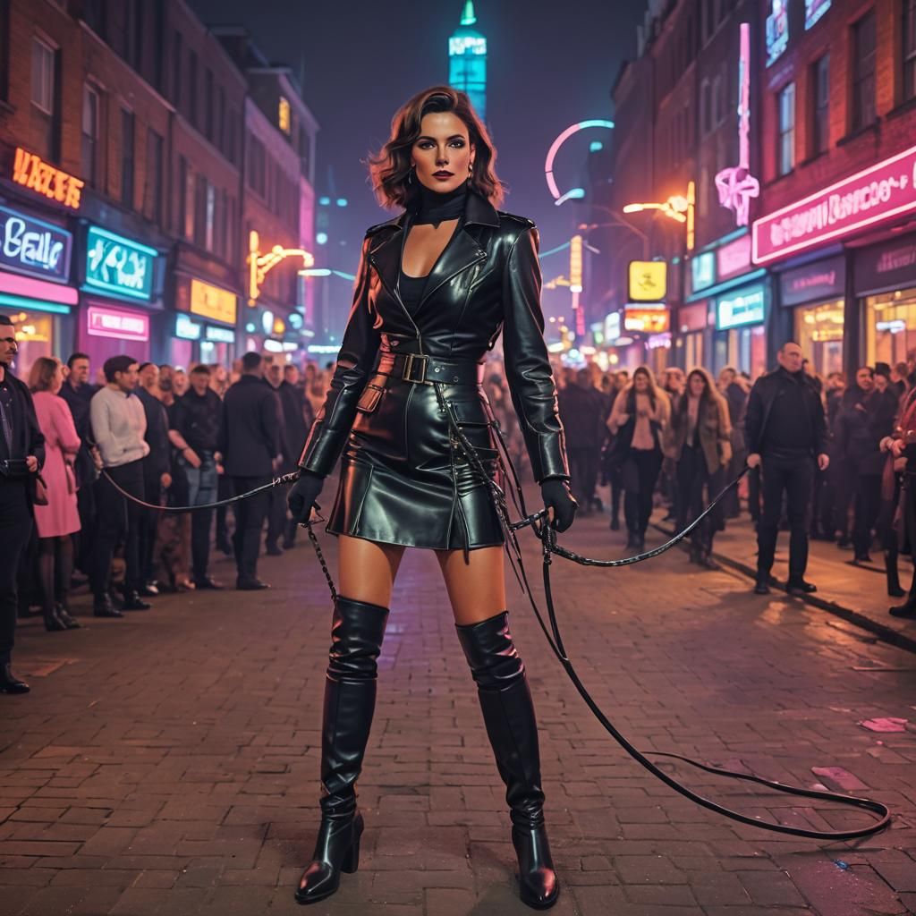 Elegant Lady with Bullwhip in Synthwave Style