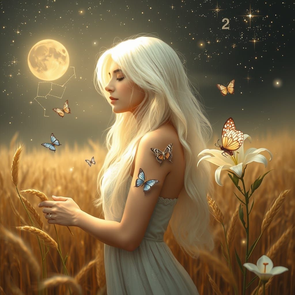 Surreal Goddess Among Golden Wheat and Twinkling Stars in Et...