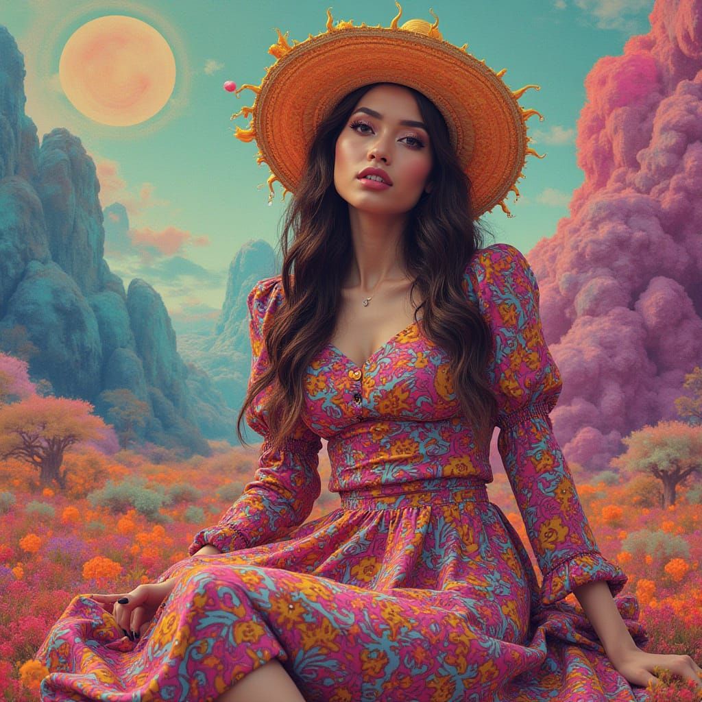 Vibrant Woman in Psychedelic Landscape