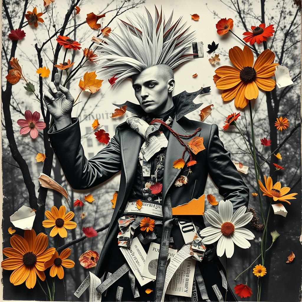 Create a black and white photogram-style  torn paper collage inspired by abstract and experimental autumn  composition, ...