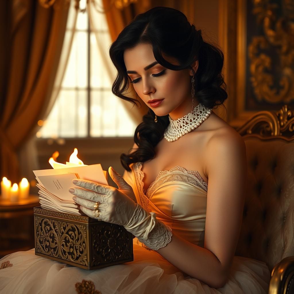 Woman Burning Letters in Ornate Boudoir