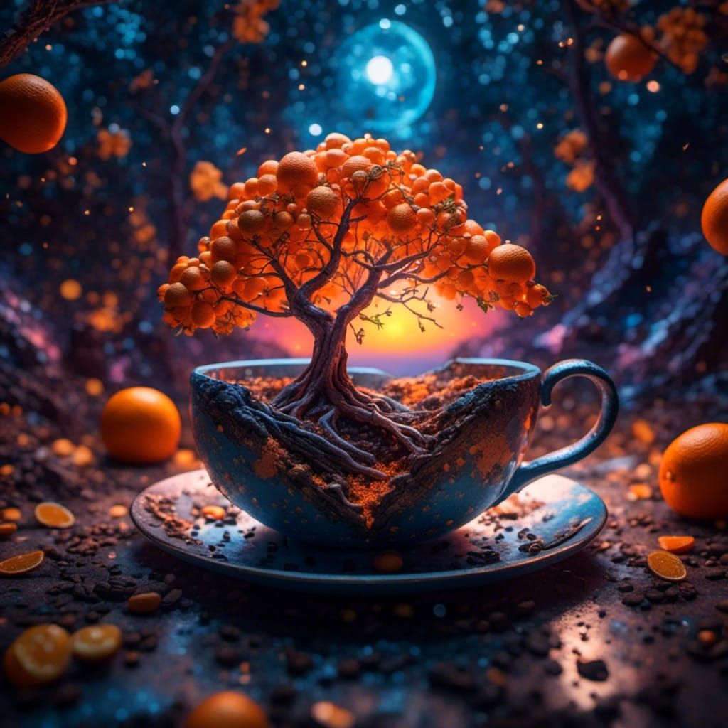 an orange tree inside a coffee cup<lora:Night Sparkle:1.0>