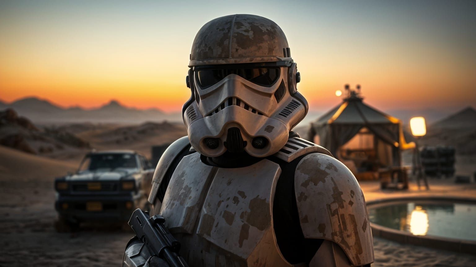 Stormtrooper Guarding Desert Oasis at Night, Cinematic