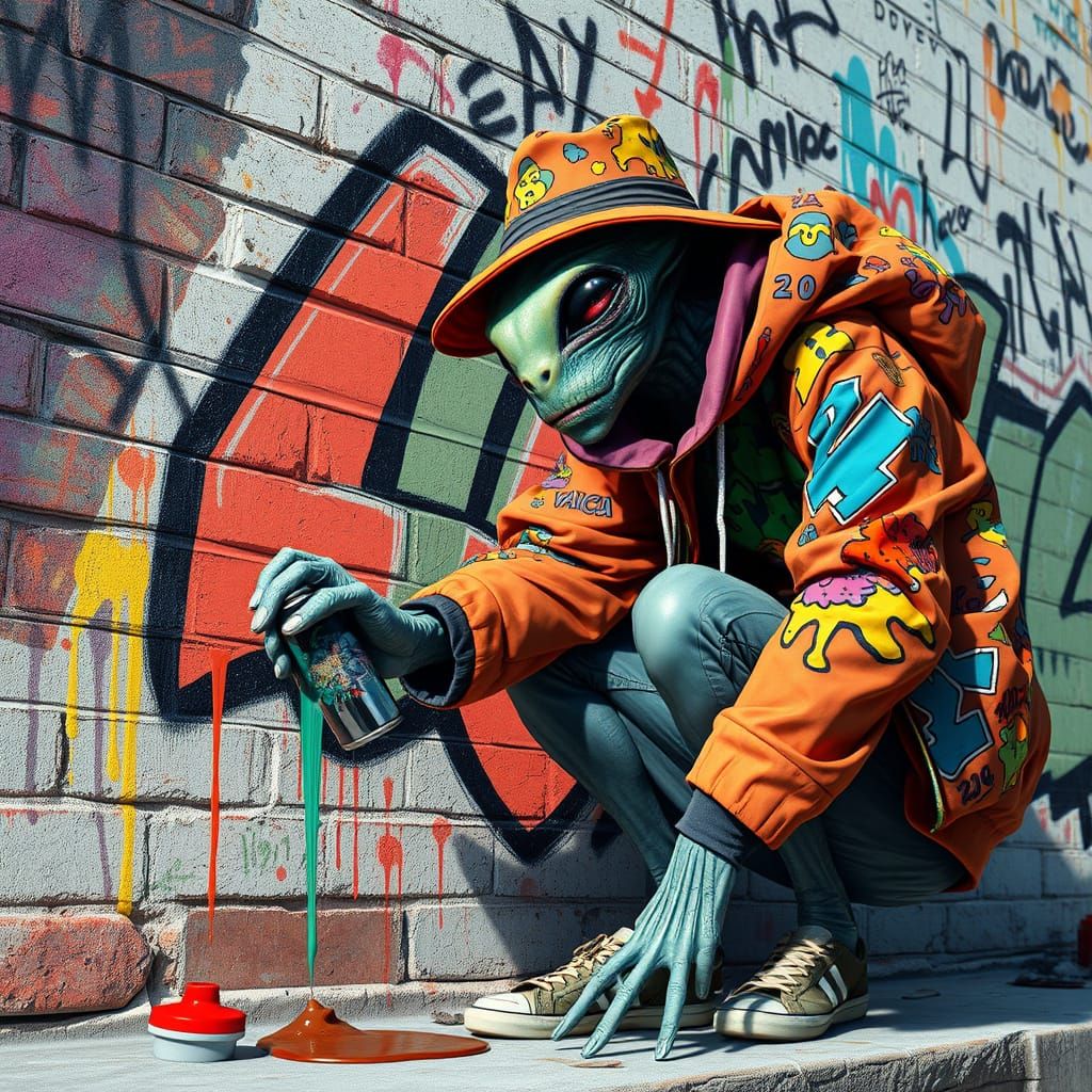 Alien Street Artist in Urban Landscape