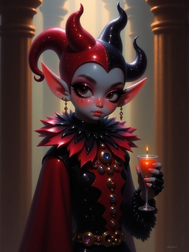 <lora:Big Eyes:1.0> cute evil royal jester , soft focus , in...