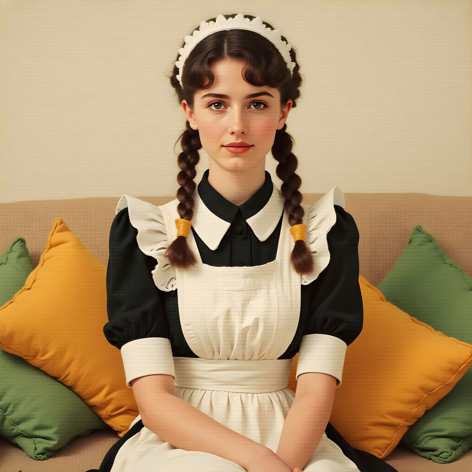 Maid in Classic Uniform on Beige Sofa