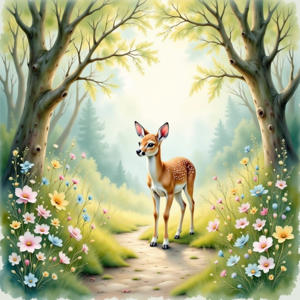 Delightful Fawn in Whimsical Pastel Woodland Scene