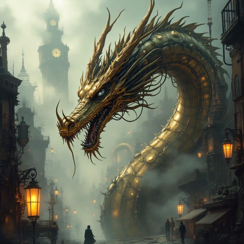Majestic Steampunk Dragon in Foggy Metropolis