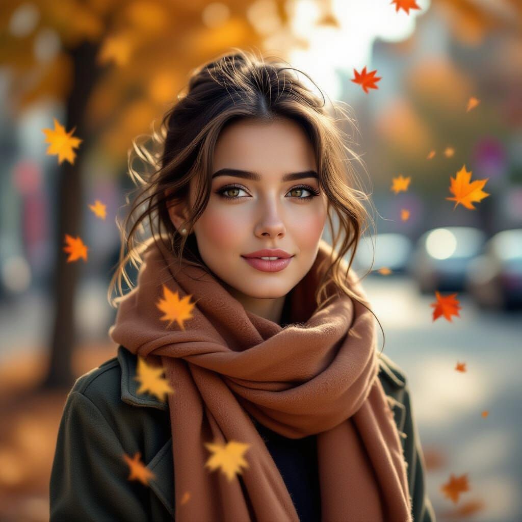 Cinematic Autumn Portrait of Woman in Scarf