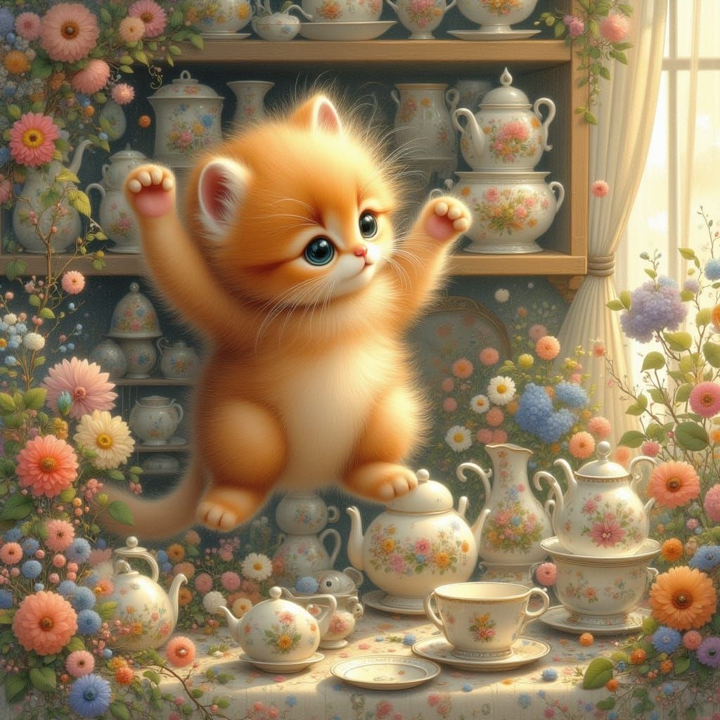 Fluffy Kitten Balances on China Shelf in Illustrative Style