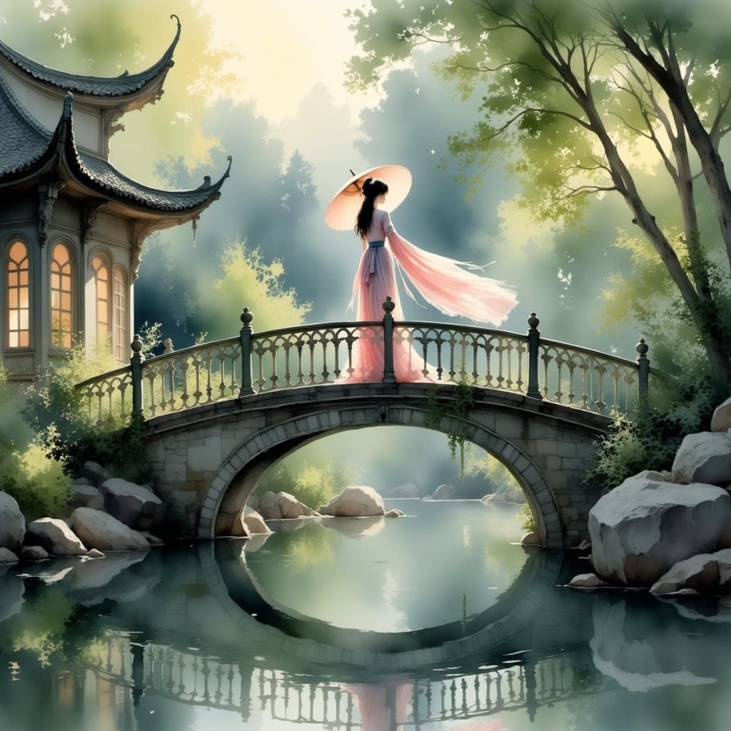 Surreal Geisha on a Water Garden Bridge