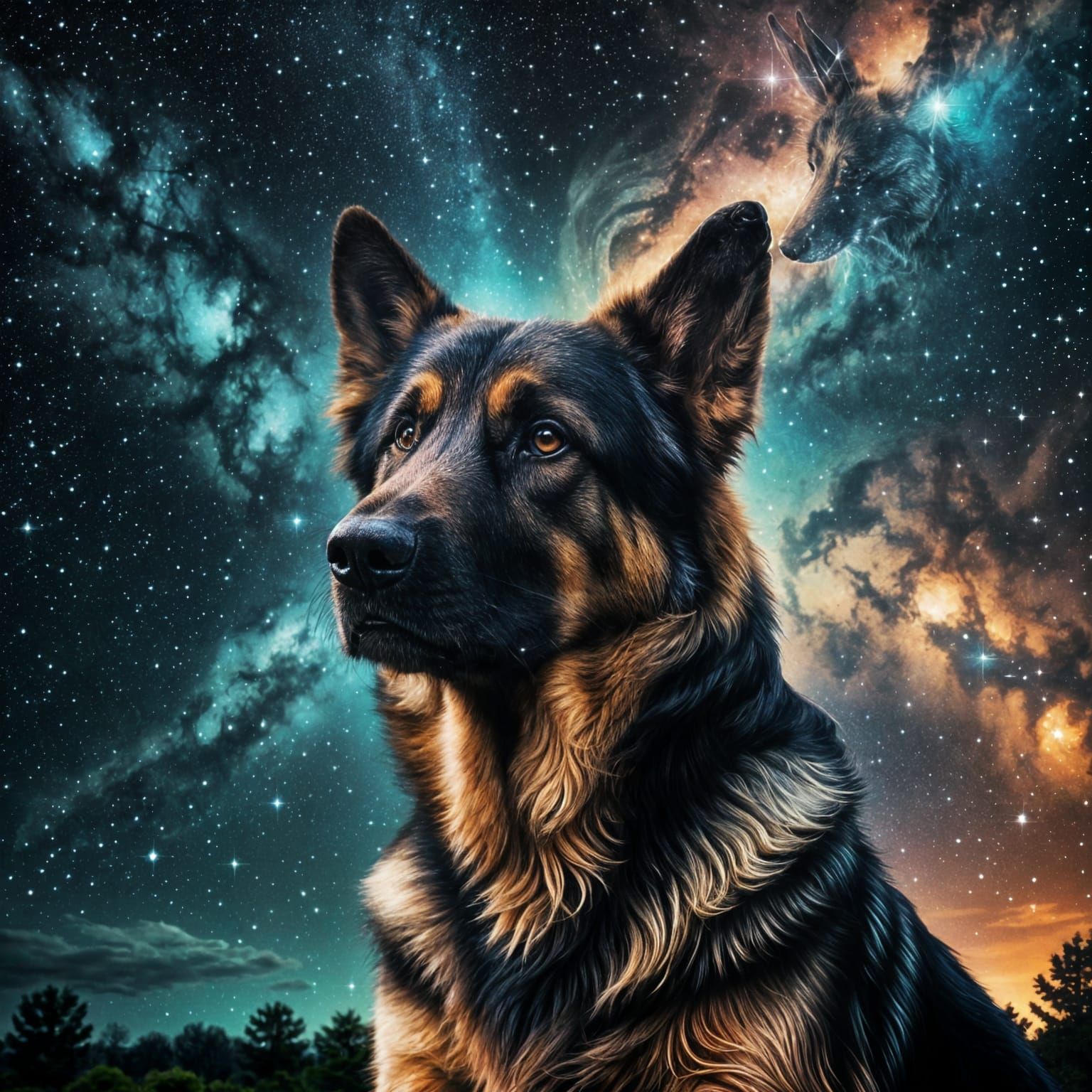 Majestic German Shepherd Silhouette Among Cosmic Stars