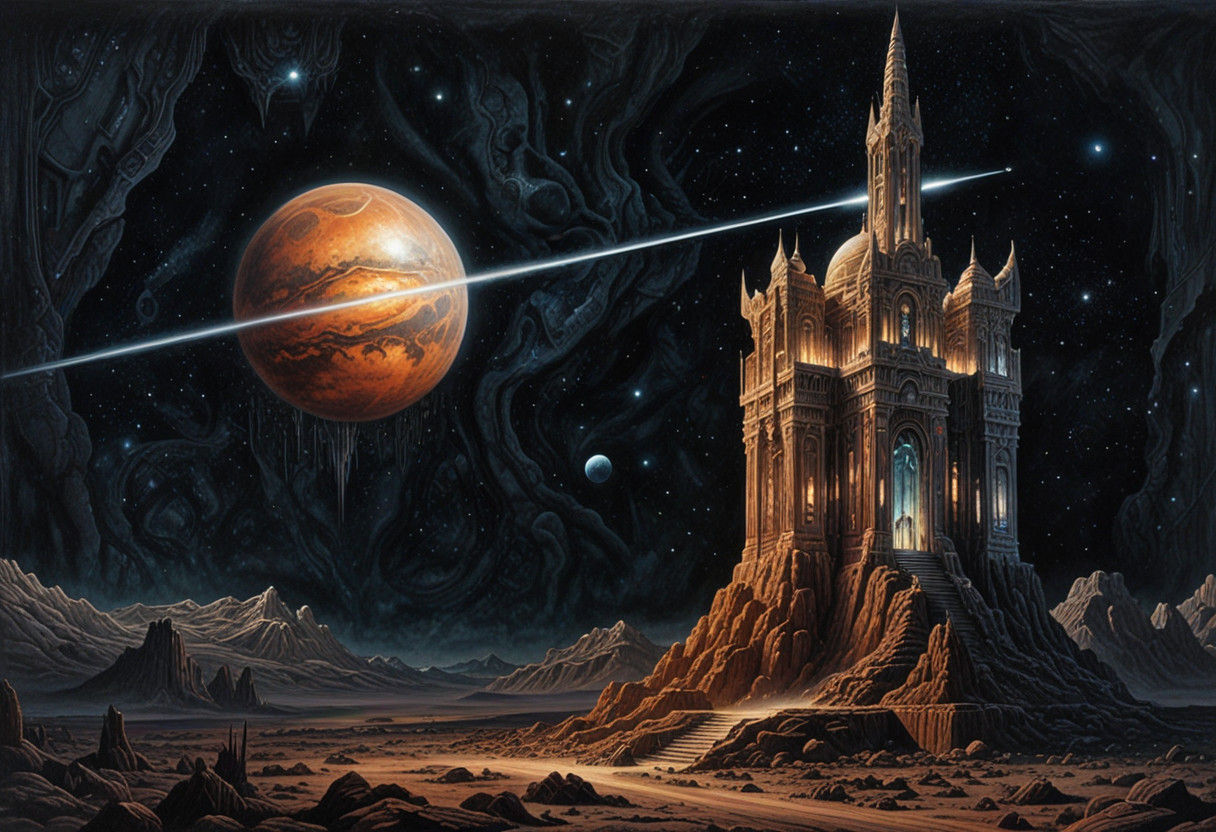 Surreal Desert Temple Complex in Gemstone Glows with Cosmic...