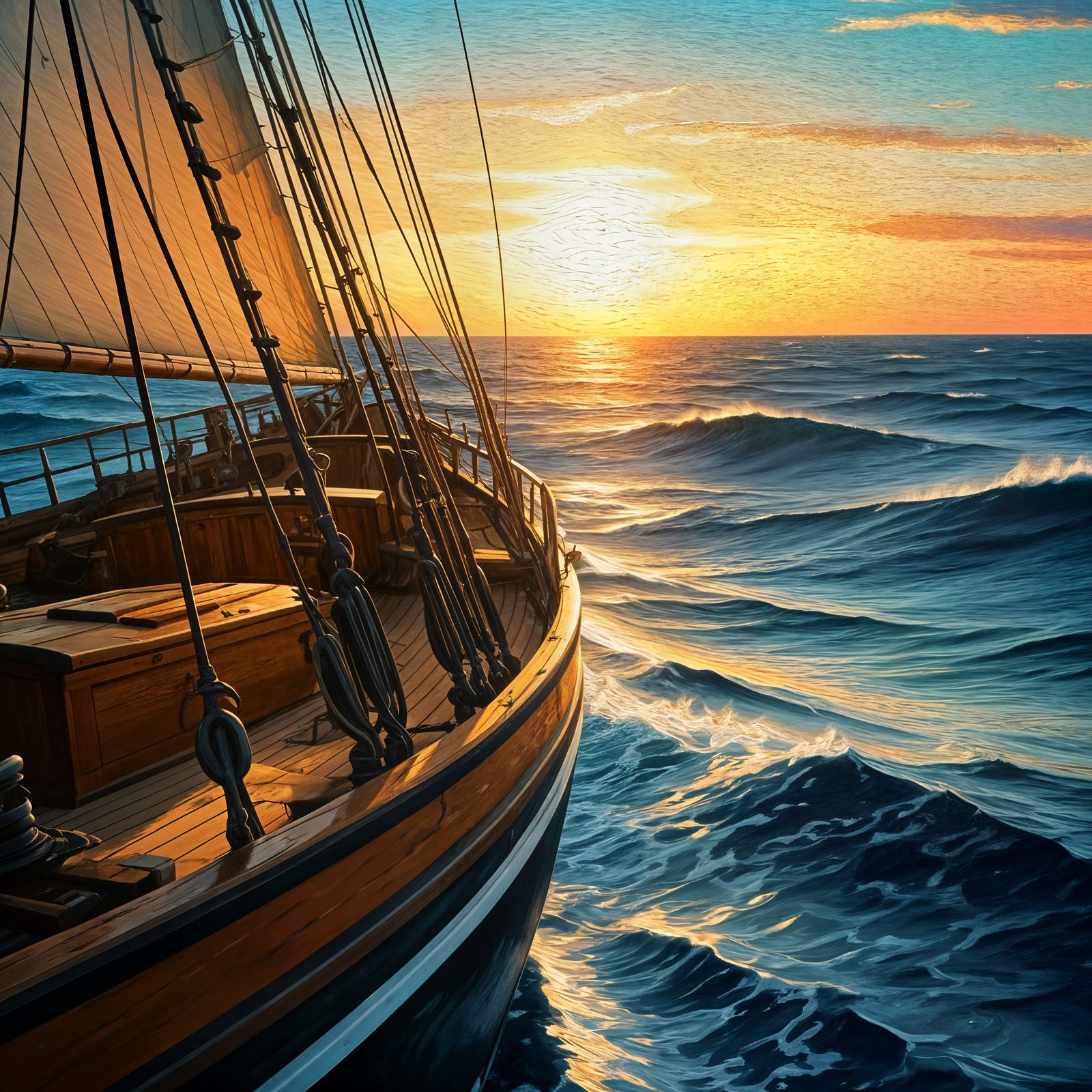 Sailing Boat on Stormy Waves: Impasto Oil Painting