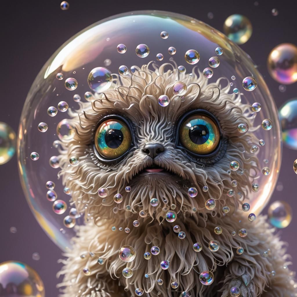 Shaggy Creature in Soap Bubbles: Photorealistic Macro