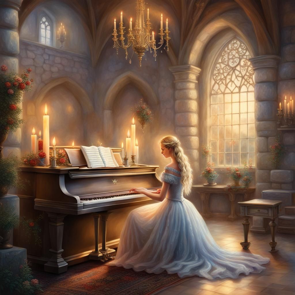 Medieval Princess Plays Piano in Ethereal Castle